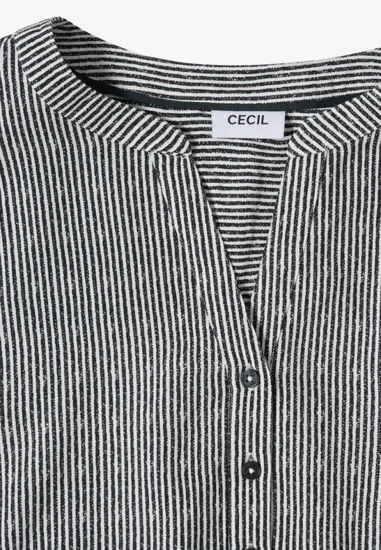 Schwarz-weiß gestreiftes Shirt von CECIL mit Knopfleiste und Rundhalsausschnitt