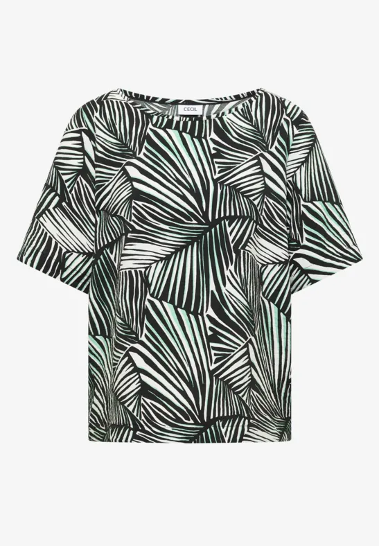 Bequemes Kurzarm-Shirt mit abstraktem schwarz-weißem Blätterprint.