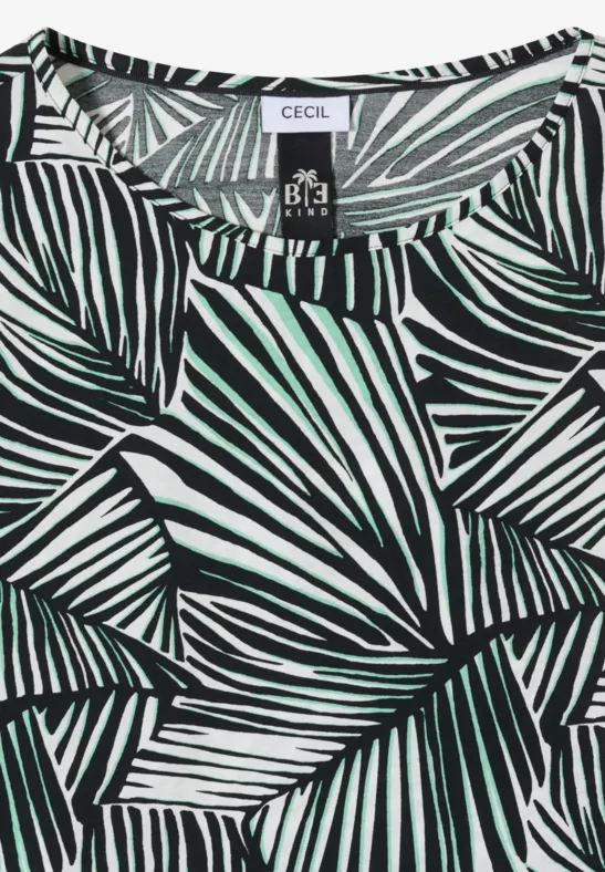 Lockeres T-Shirt mit abstraktem Palmblattmuster in Mintgrün, Schwarz und Weiß.