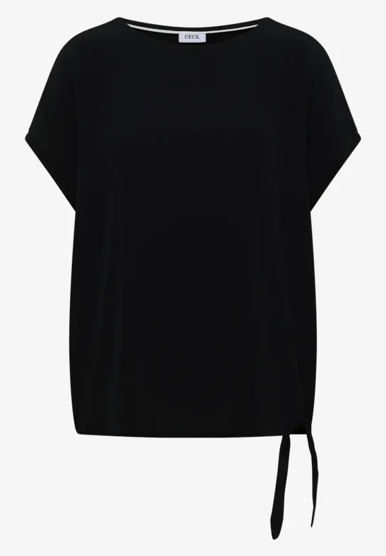 Schwarzes Damen-T-Shirt mit kurzen Fledermausärmeln und seitlicher Bindung.