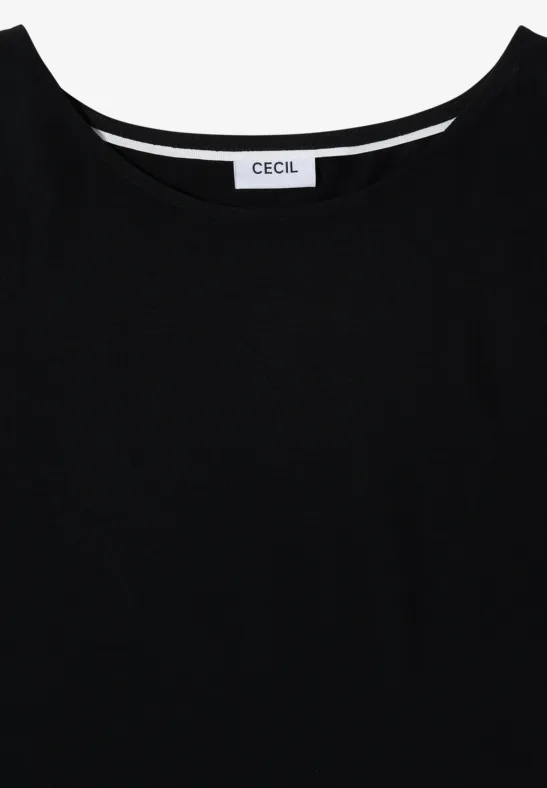 Schlichtes schwarzes Shirt mit Rundhalsausschnitt und Markenlabel 'Cecil' innen im Nacken.