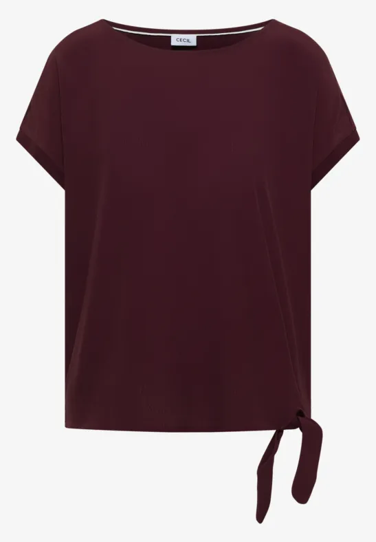 Weinrotes Damen-T-Shirt mit Rundhalsausschnitt, kurzen Ärmeln und seitlichem Knotendetail am Saum.