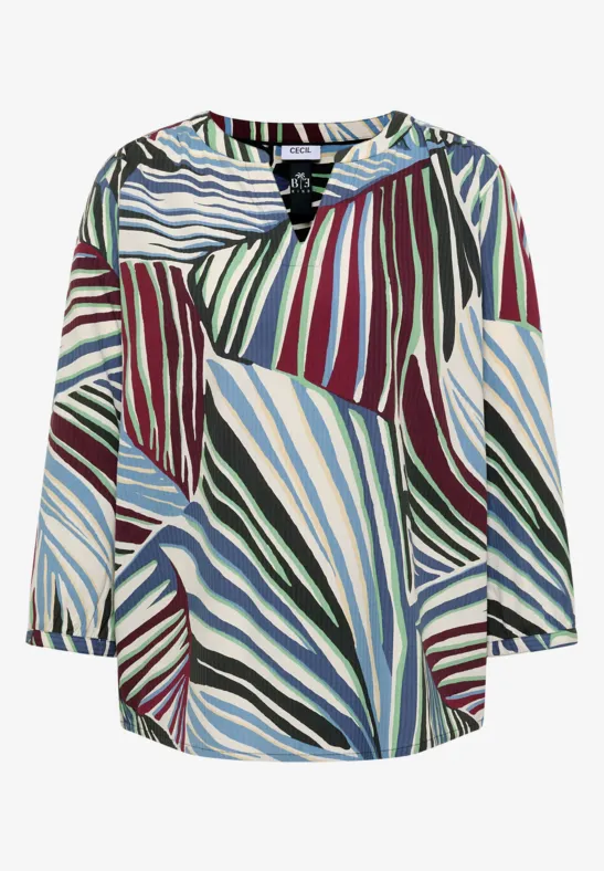 Los vallende blouse met driekwart mouwen en golvende strepen in blauw, groen, bordeaux en wit.