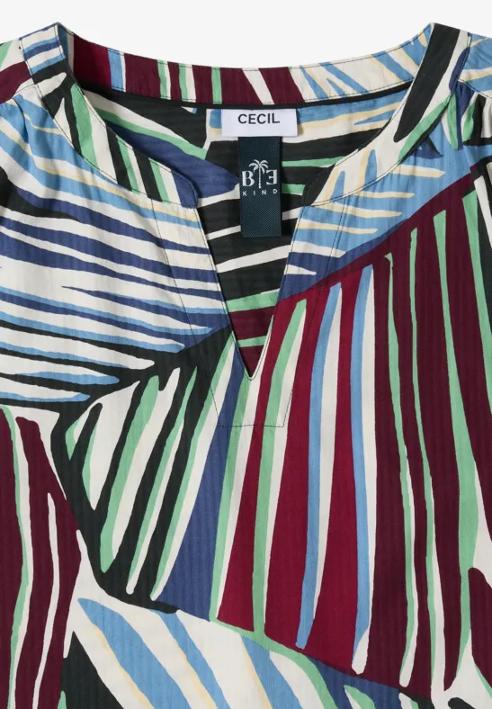 Kleurrijk gestreepte blouse met V-hals en merkembleem.