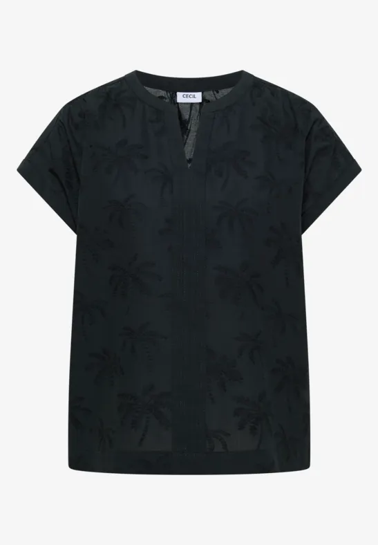 Schwarze Bluse mit kurzem Arm, Rundhalsausschnitt und dezentem, tonigem Palmenmuster.