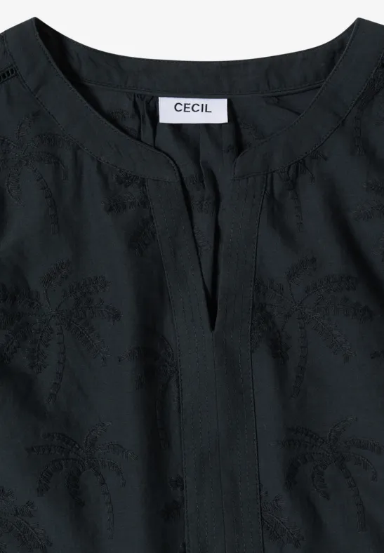 Schwarze Damenbluse aus leichter Baumwolle mit feinem Strukturmuster und V-Ausschnitt, CECIL-Logo