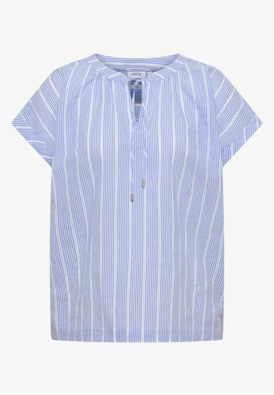 Hellblau-weiß gestreifte Kurzarm-Bluse mit Rundhalsausschnitt und Knopfleiste