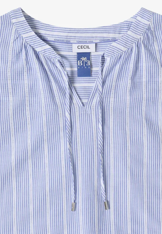 Damenbluse mit blauen und weißen Streifen, V-Ausschnitt und Kordelzug.