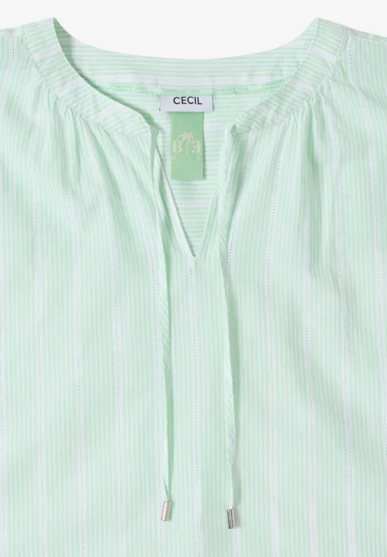 Blouse légère rayée vert clair et blanc pour femme, encolure ronde froncée avec cordon