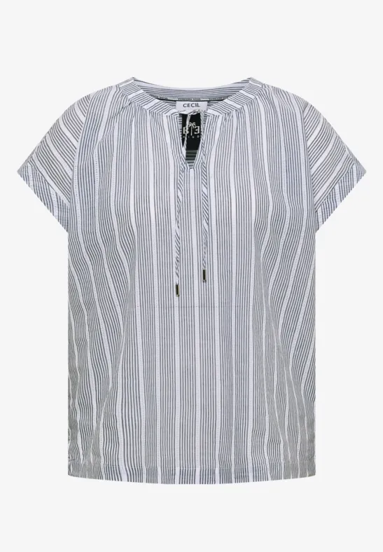Leichtes graues Damenblusenshirt mit weißen Streifen, kurzem Ärmel und V-Ausschnitt mit Metallkordelzug.