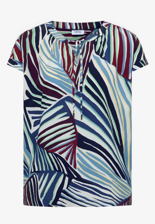 Korte mouwen top met abstracte bladprint in blauw, crème en bordeaux.