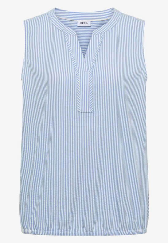 Blouse sans manches bleu clair à rayures blanches, col mao et encolure en V, ourlet froncé.