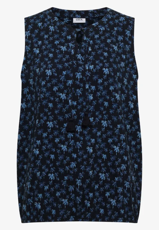 Haut sans manches bleu foncé à imprimé fleuri bleu et lien à nouer avec pompons.