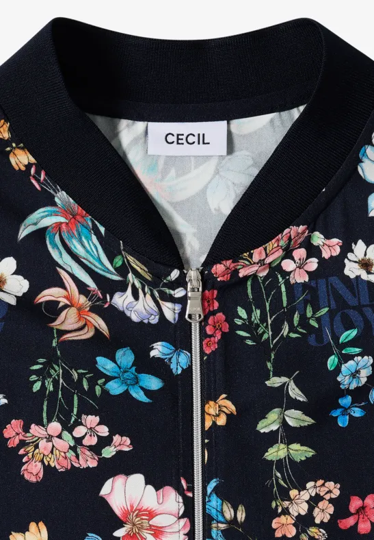 Schwarze Bomberjacke mit buntem Blumenmuster und Reißverschluss, Marke CECIL