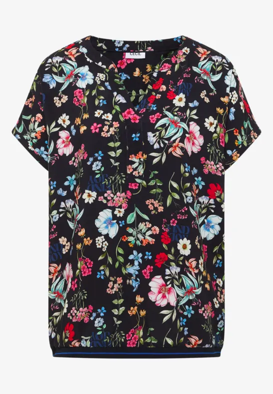 Schwarzes Kurzarm-Shirt mit buntem Blumenmuster.