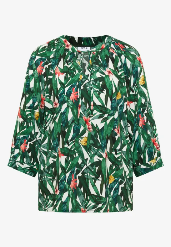 Leichtes Damenshirt mit buntem Blatt- und Blumenmuster in Grün- und Rottönen, 3/4-Ärmel, legerer Schnitt.