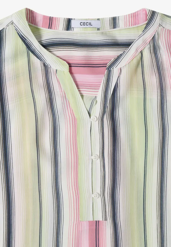 Leichte Bluse mit pastelligen, vertikalen Streifen in Grün, Pink, Lila und Schwarz, Knöpfe am Ausschnitt