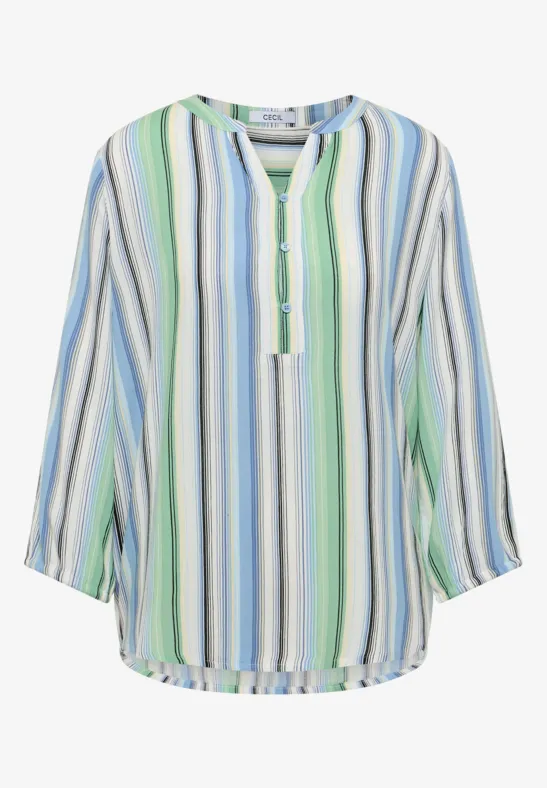 Blouse légère à manches longues, rayures verticales bleues, vertes et blanches, coupe ample, patte de boutonnage