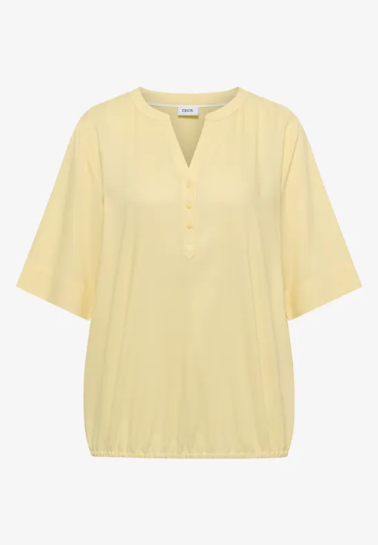 Helles gelbes Damen-Shirt mit 3/4-Ärmeln, V-Ausschnitt und Knopfleiste.