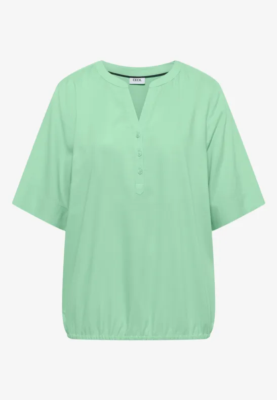Grünes, leichtes Damen-Shirt mit kurzen Ärmeln, V-Ausschnitt, Knopfleiste und elastischem Saum.