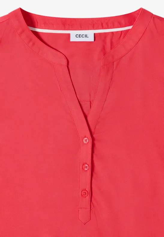Rote Damenbluse mit V-Ausschnitt, Knopfleiste und Rundhalsausschnitt, schlichte und elegante Optik.