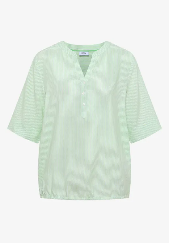 Lockere mintgrüne Damenbluse mit V-Ausschnitt, kurzen Ärmeln und Knopfleiste.