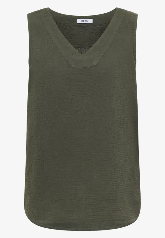Ein ärmelloses, olivgrünes Stricktop mit V-Ausschnitt und abgerundetem Saum.