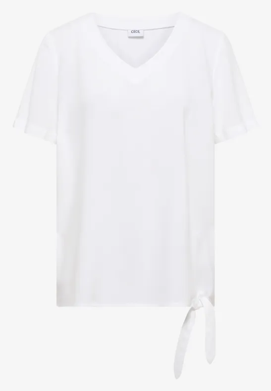 Weißes V-Ausschnitt-Shirt mit kurzem Ärmel und seitlicher Knotendetail am Saum.
