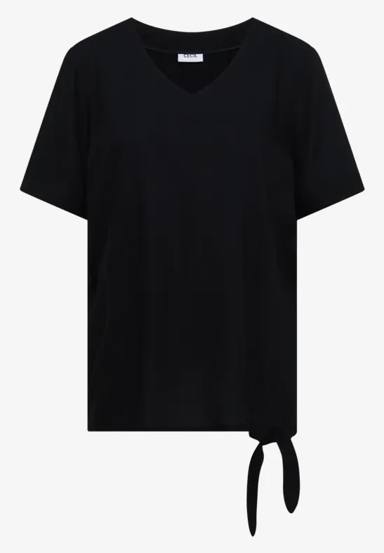Zwart T-shirt met V-hals, korte mouwen en knoop aan de zijkant.
