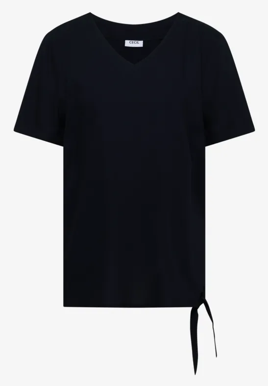 Zwart T-shirt met V-hals, korte mouwen en een gestrikt detail aan de zijkant.