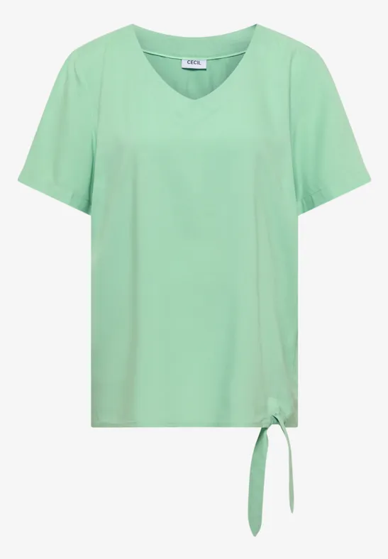 Hellgrünes, kurzärmeliges Shirt mit V-Ausschnitt und seitlicher Knoten-Detail