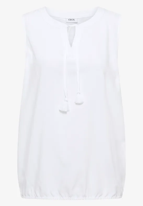 Weißes ärmelloses Top mit Rundhalsausschnitt, V-förmigem Schlüsselloch, Kordelzug und Quasten, gummierter Saum.