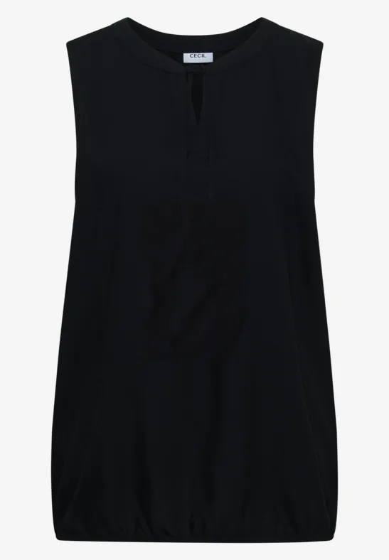 Schwarzes ärmelloses Top mit Rundhalsausschnitt und lockerem Schnitt, elastischem Saum.