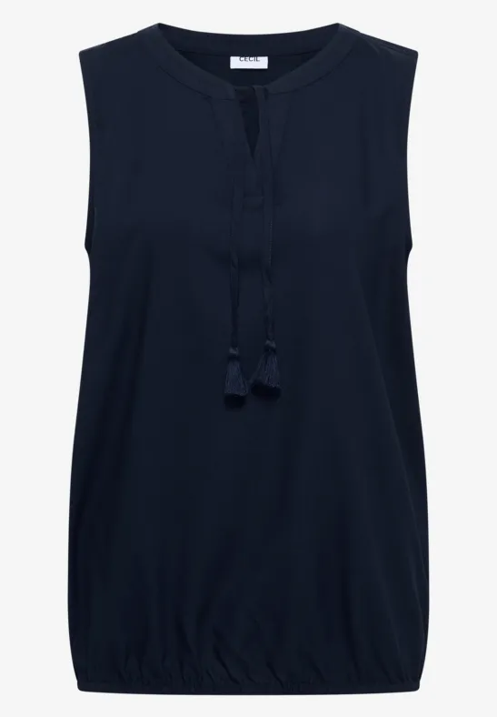 Ärmelloses dunkelblaues Top mit Rundhalsausschnitt, lockerem Schnitt und Zierquasten am Ausschnitt.