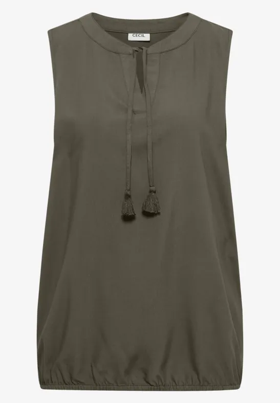 Ärmelloses, olivgrünes Top mit rundem Halsausschnitt und Quastenbändern.