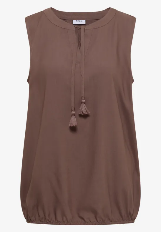 Braunes ärmelloses Top mit Quasten am Rundhalsausschnitt und elastischem Saum.
