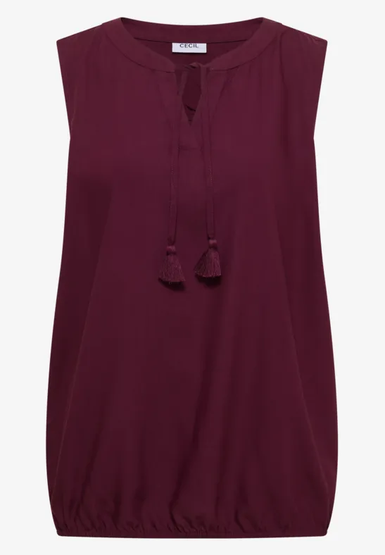 Ärmelloses, burgunderfarbenes Top mit Quasten am V-Ausschnitt und leicht gerafftem Bund