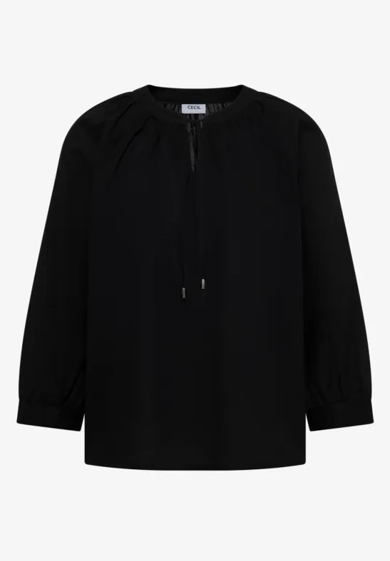 Schwarze Damenbluse mit langen Ärmeln, gerafftem Rundhalsausschnitt und Bindebändern.