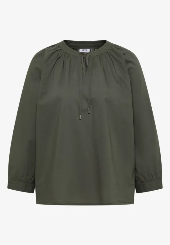 Dunkelgrüne Bluse mit langen Ärmeln, Rundausschnitt und Bindeband.