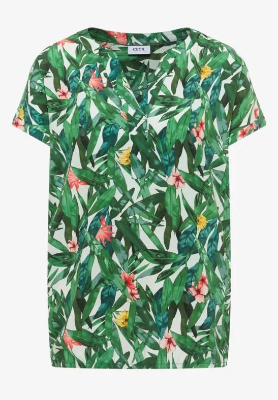 Korte mouw T-shirt met tropisch patroon van groene bladeren en bloemen.