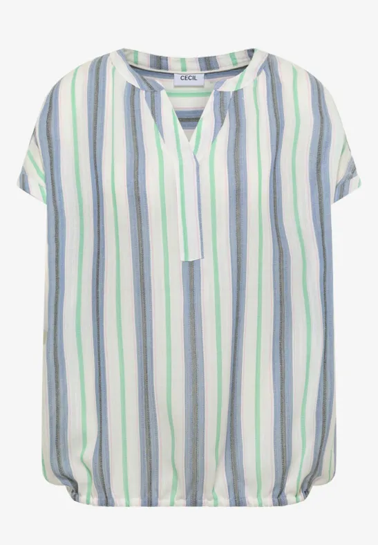 Bluse mit kurzen Ärmeln, V-Ausschnitt und elastischem Bund, weiß-blau-grün gestreift.