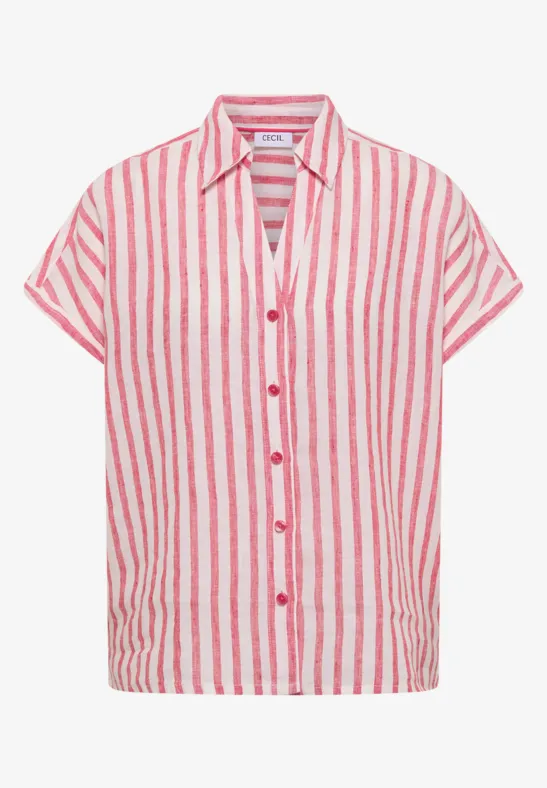 Rotes und weißes gestreiftes Kurzarm-Hemd mit Knopfleiste.