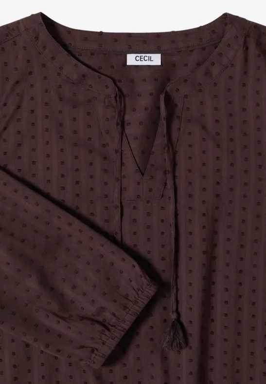 Braune Bluse mit dezentem Punktmuster, V-Ausschnitt und Kordeln