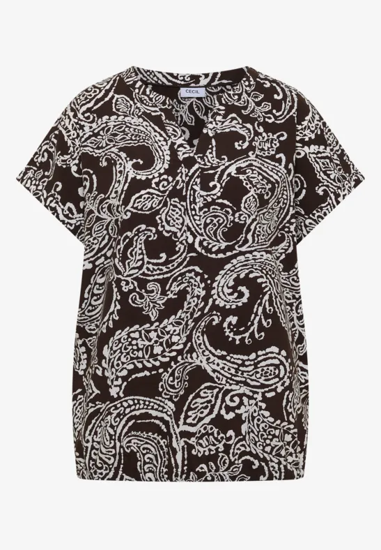 Zwart T-shirt met wit paisleypatroon.