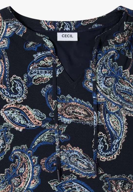 Donkerblauwe blouse met paisley patroon in blauw, beige en wit van CECIL.
