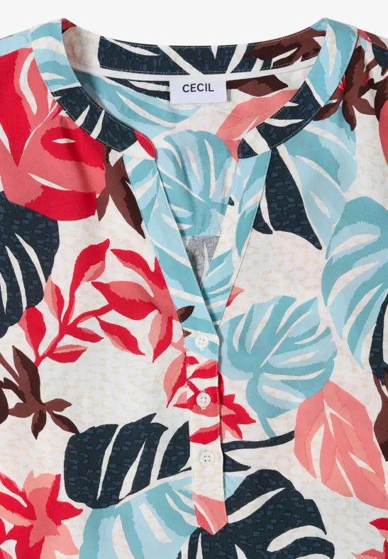 Buntes T-Shirt mit tropischem Blumen- und Blättermuster, kurzärmelig und knöpfbarem Ausschnitt