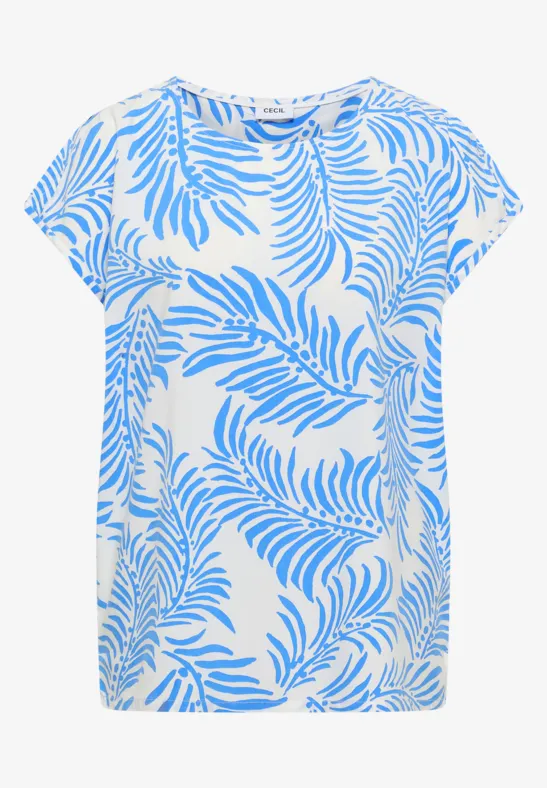 Wit T-shirt met een losse pasvorm, bedekt met een opvallend lichtblauw palmbladpatroon.