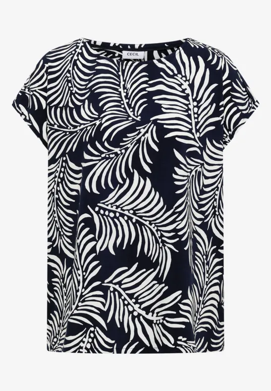 Zwarte dames top met witte bladprint, korte mouwen en ronde hals.