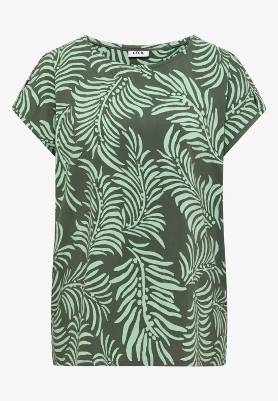 Groen T-shirt met groot lichtgroen bladerenpatroon.