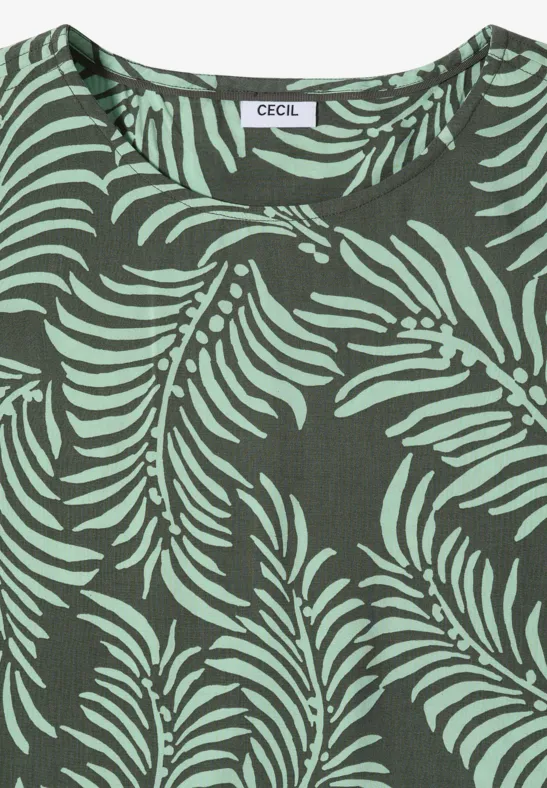 Donkeren t-shirt met pastelkleurige groene palmbladprint en ronde hals, merk CECIL